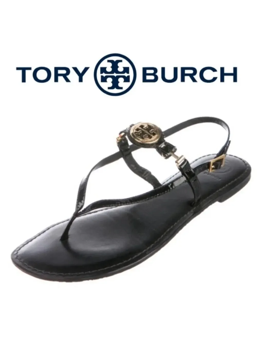 Tory Burch Black Patent Leather Ali Thong Sandal Sz.10